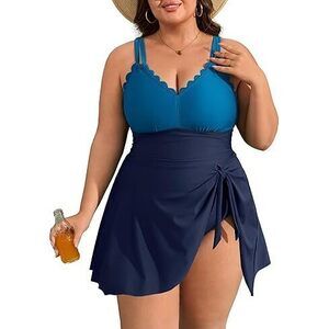 Plus Size Swimsuit For Women Swim Dress Scalloped One Piece Tummy Control